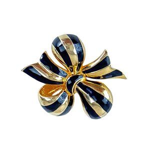 Joan Rivers Gold Black Enamel Striped Bow Flower Brooch Pin 2” Vintage Gif